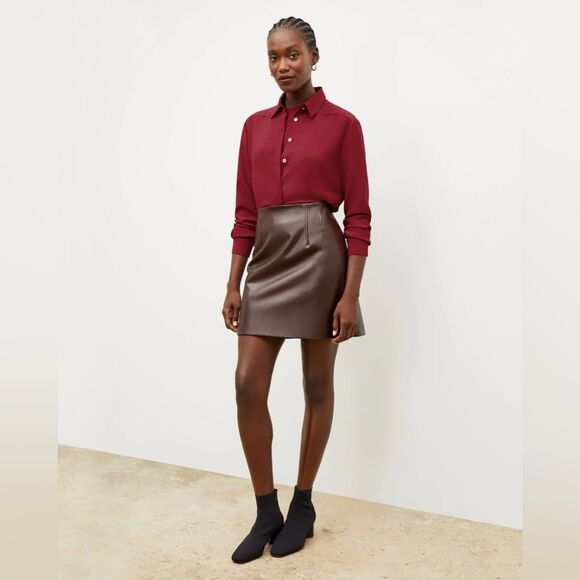 NWT M.M. Lafleur The Whitney Brown Vegan Faux Leather A-Line Mini Skirt Size 2 - Picture 2 of 10